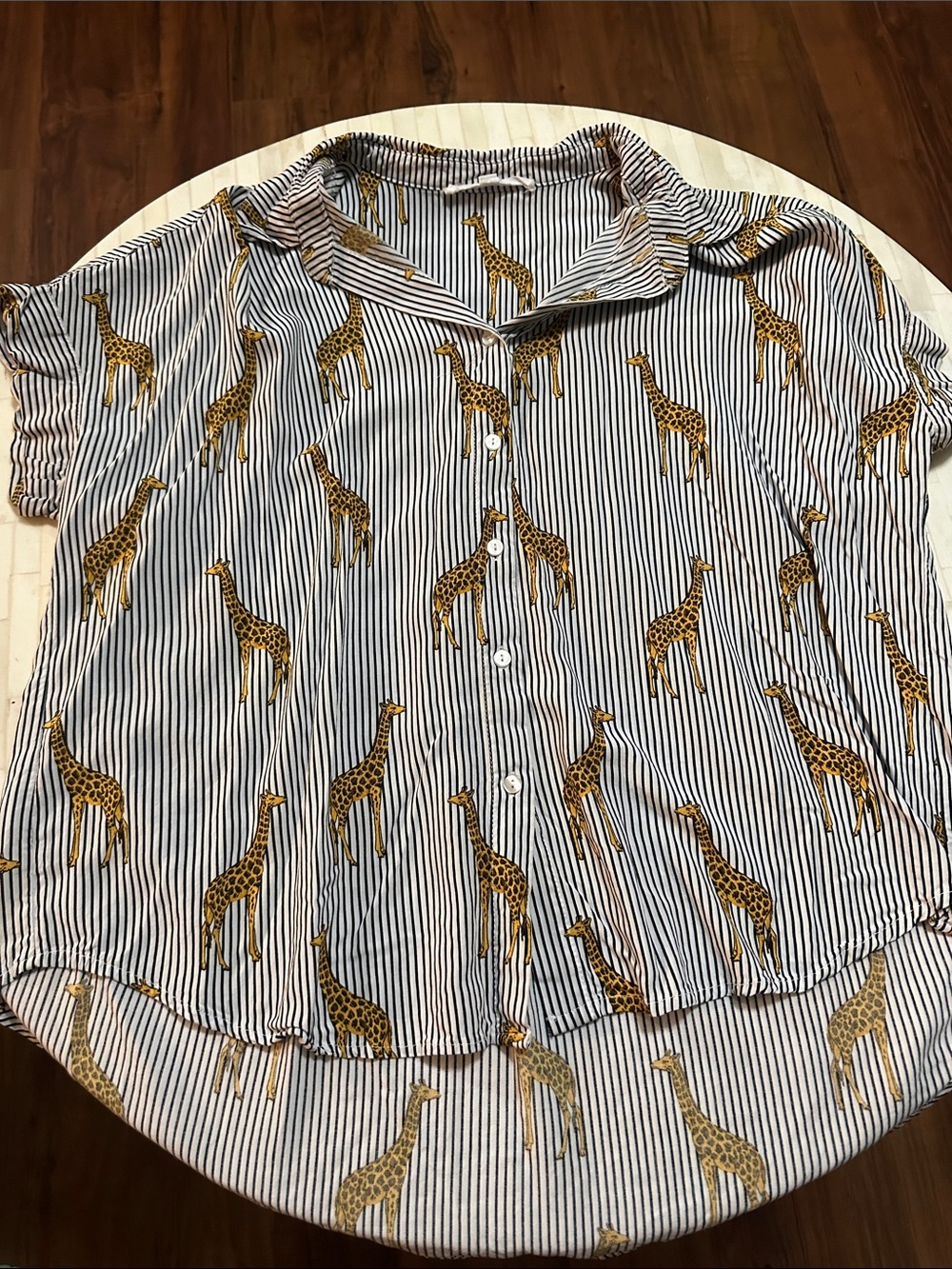 Jane and Delancey Black and White Striped Button-Down with Gold Giraffe Print